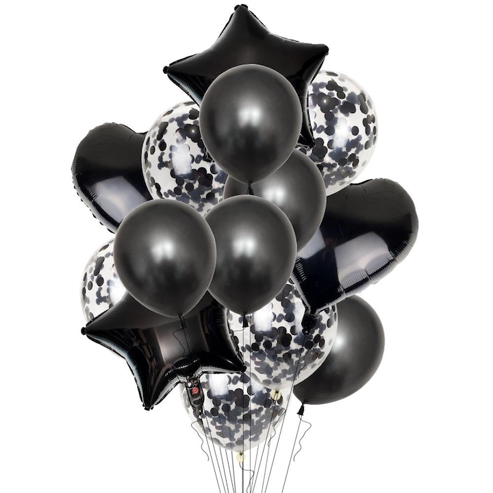Комплект от 14 балона за рожден ден с конфети, черен цвят, 45 см, It's Party Time