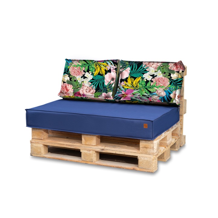 Blomster dekoratív párna szett raklapbútorhoz, kertbe, ülőpárna, 2 db hátsó párna, tengerészkék, virágok