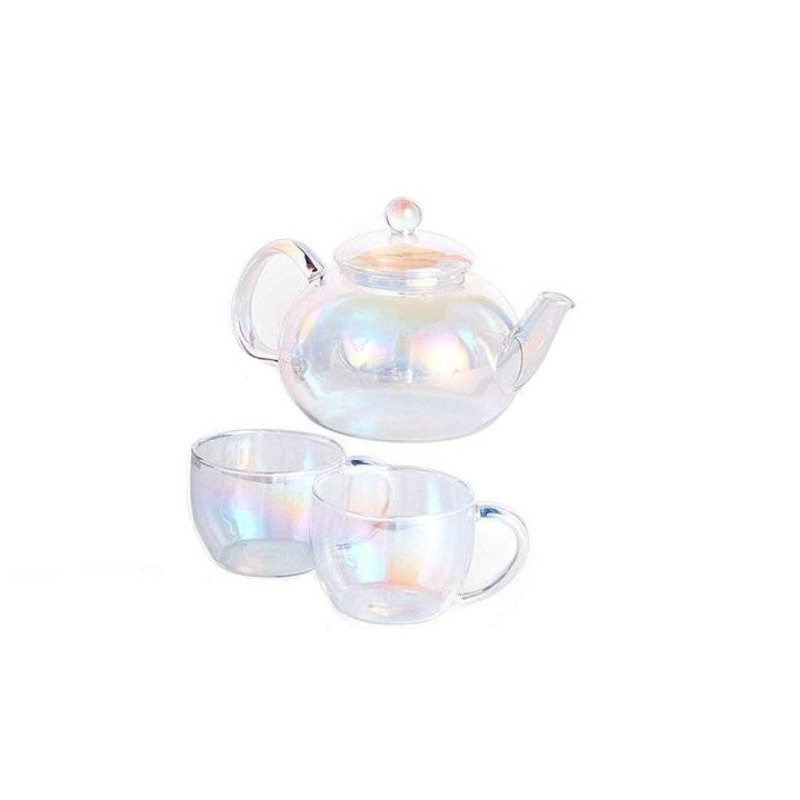 Set de ceai si gin Beautify 1000246, din sticla rezistenta la caldura, irizat, capacitate 690ml, 2 cesti de 155ml, doar spalare manuala, cutie cadou