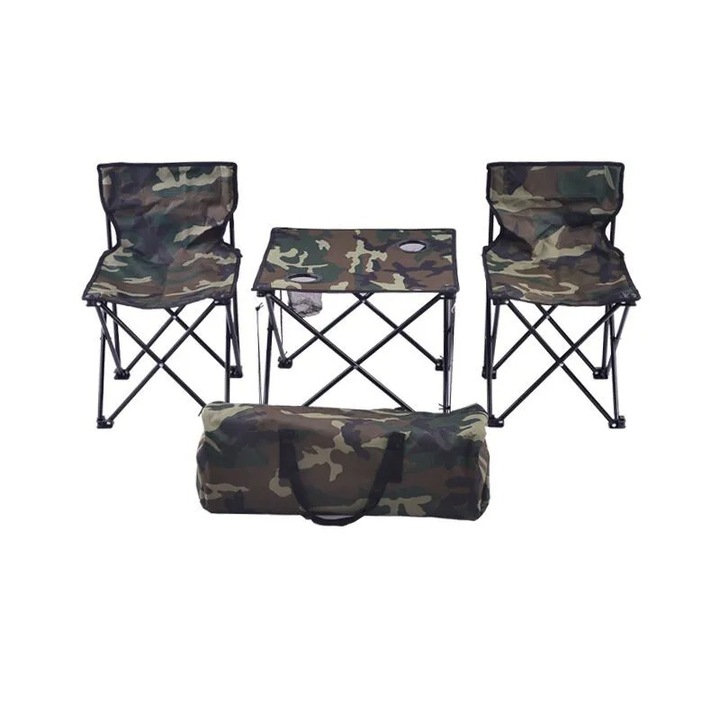 Set 2 scaune si masa camping pliabile, otel inoxidabil/poliester, camouflage, 36 x 57 cm
