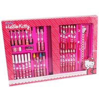 Set de desenat / scris pentru copii / scolari, 34 piese, instrumente de desen cu 1 rigla (15 cm), 1 creion, 1 ascutitoare, 1 radiera, 6 creioane pastel, 6 creioane cerate, 6 carioci si 12 creioane colorate, Hello Kitty