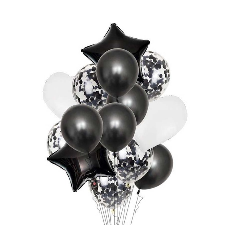 Комплект от 14 балона за рожден ден с конфети, черно/бели, 45 см, It's Party Time