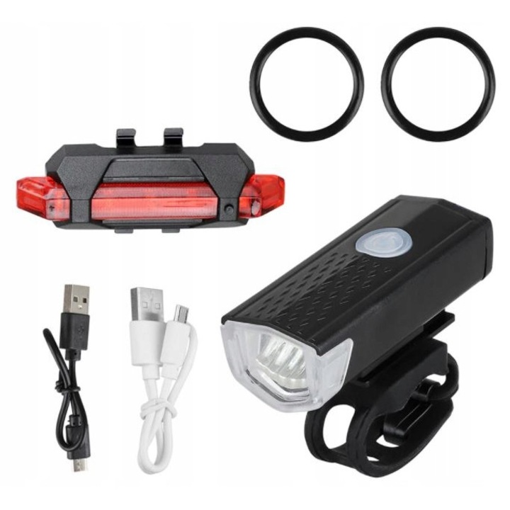 Set lumini bicicleta, far si stop, LED, cablu incarcare prin USB, suport montare inclus