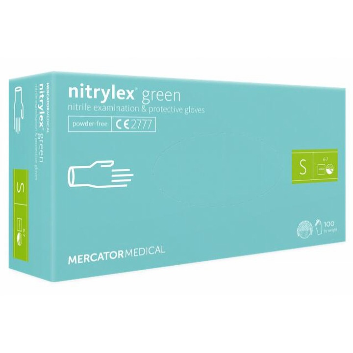 Mercator Medical, orvosi és védő, zöld Nitril kesztyű, S méretű, 100 darab/doboz