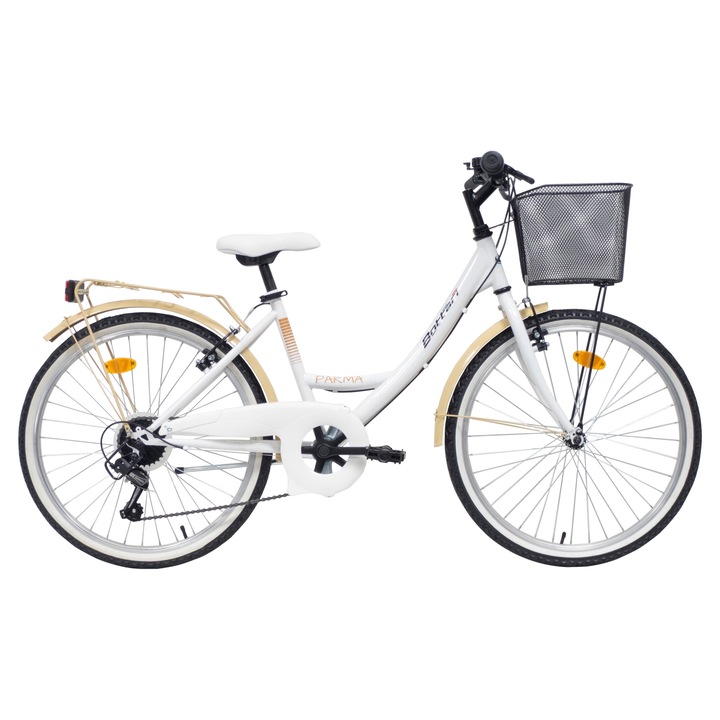 Bicicleta City 24" Cadru Otel, 6 Viteze, Shimano TY-21 V-brakes, Alb/Bej