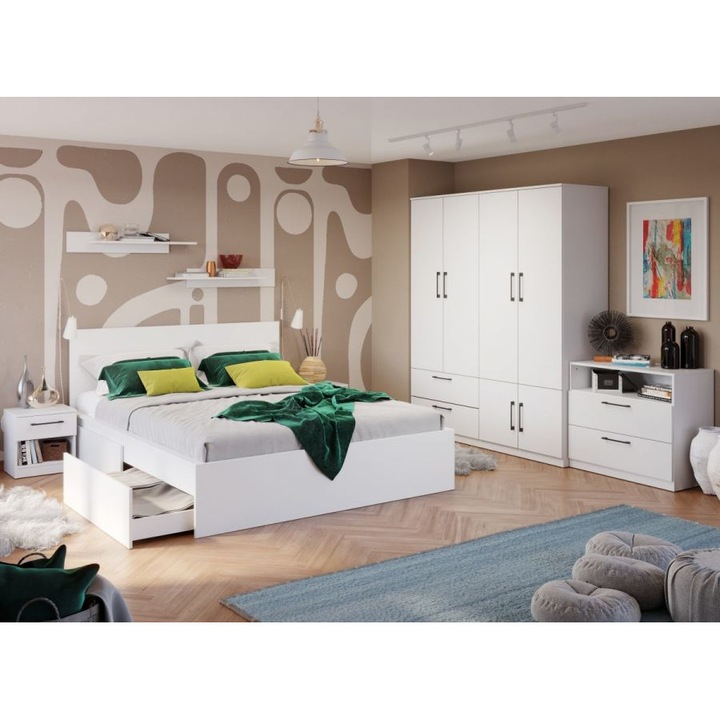 Set Dormitor, Snow C16, Pat cu 2 sertare, 160x200, Dulap 164cm, Comoda, Noptiere, Culoare Alb