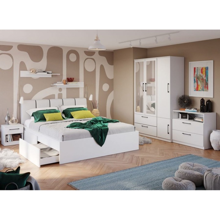 Set Dormitor, Snow C22, Pat Tapitat, 160x200, Dulap 124cm cu Oglinda, Comoda, Noptiere, Culoare Alb