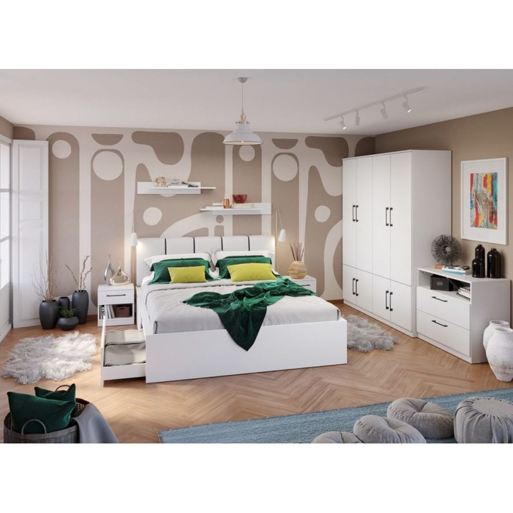 Set Dormitor, Snow C24, Pat Tapitat, 160x200, Dulap 164cm, Comoda, Noptiere, Culoare Alb