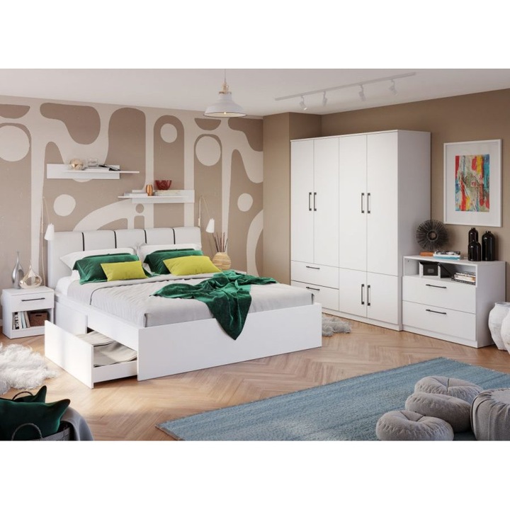 Set Dormitor, Snow C25, Pat Tapitat, 160x200, Dulap 164cm, Comoda, Noptiere, Culoare Alb