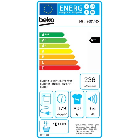 Uscator de rufe Beko B5T68233, Pompa de caldura EcoGentle™, 8 kg, 15 programe, Clasa A++, RecycledDry, IronFinish, Hygienic Reresh, SteamCure, Alb