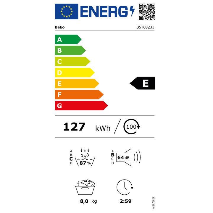 Uscator de rufe Beko B5T68233, Pompa de caldura EcoGentle™, 8 kg, 15 programe, Clasa E, RecycledDry, IronFinish, Hygienic Reresh, SteamCure, Alb