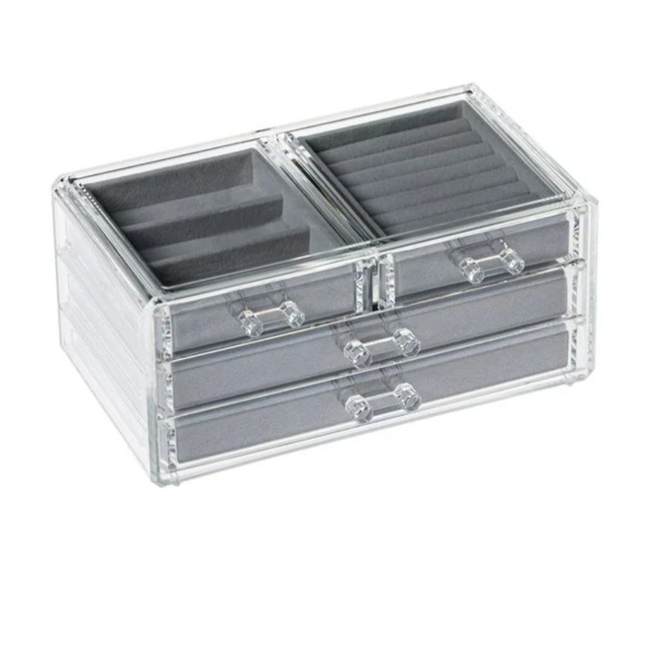 Wonderland Ékszerdoboz, átlátszó, szürke bársony, 4 rekeszes, 24 x 13,5 x 13 cm