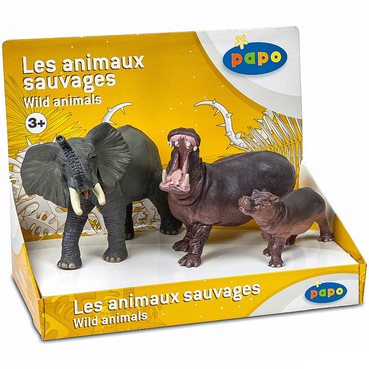 Комплект фигурки Papo - Диви животни, Слон и хипопотам с малко