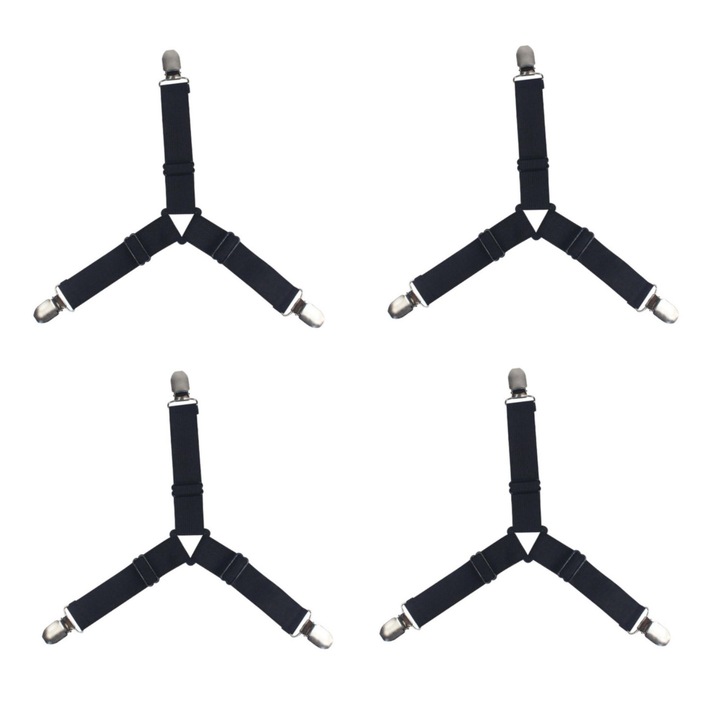 Set 4 curele elastice pentru fixare cearceafuri YWD-FMM, Triunghiular, Ajustabil, Negru