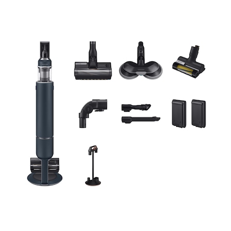 Aspirator vertical Samsung Bespoke Jet One Pro Extra, VS20A95973B/GE, 0.5L, Statie coletare praf 2L, 25.2V, 580W, Digital Inverter, Filtrare 99.99% , Display LCD, Perie covoare, Perie Mop Spray, Perie Pet, Autonomie 120 min, Albastru