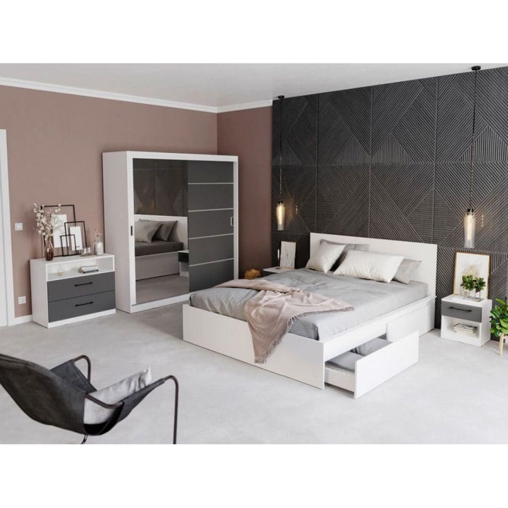 Set Dormitor Avangard, c/06, Pat netapitat 2sertare,160x200cm, Dulap 184cm cu oglinda, Noptiere, Comoda, culoare alb/gri antracit