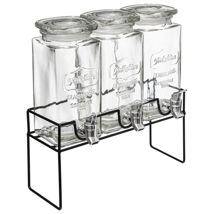 Set cu 3 dispensere pentru bauturi racoritoare si suport, Yorkshire Glassware, 3x1.5 litri
