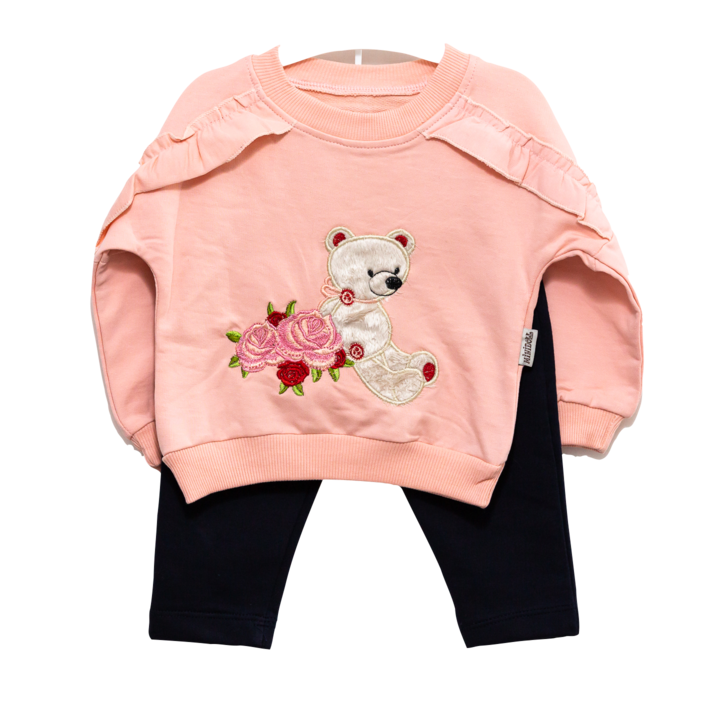 Set compleu copii Flower Bear, Motat, 2 piese, 100% bumbac, roz