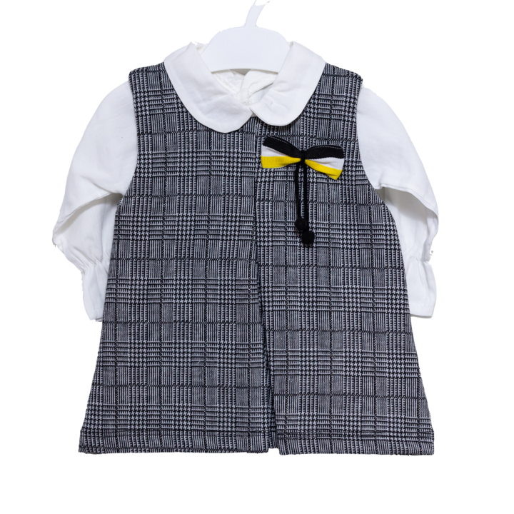 Set compleu copii Rochita, Motat, 3 piese, 100% bumbac, alb-gri