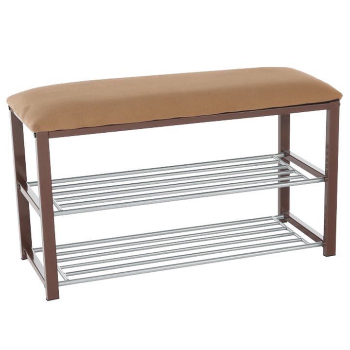 Пейка, с 2 сребристи метални рафта, възглавница от кафяв плат, Langella, 81x31x49 см