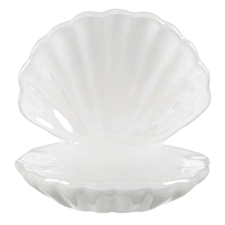 Cutie organizator pentru bijuterii in forma de scoica deschisa Shopiens®, ceramica de culoare alba irizata, 11 x 9 x 11 cm