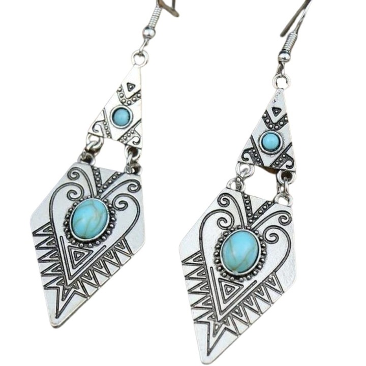 Cercei Geo Bead, model geometric, argintiu si turcoaz