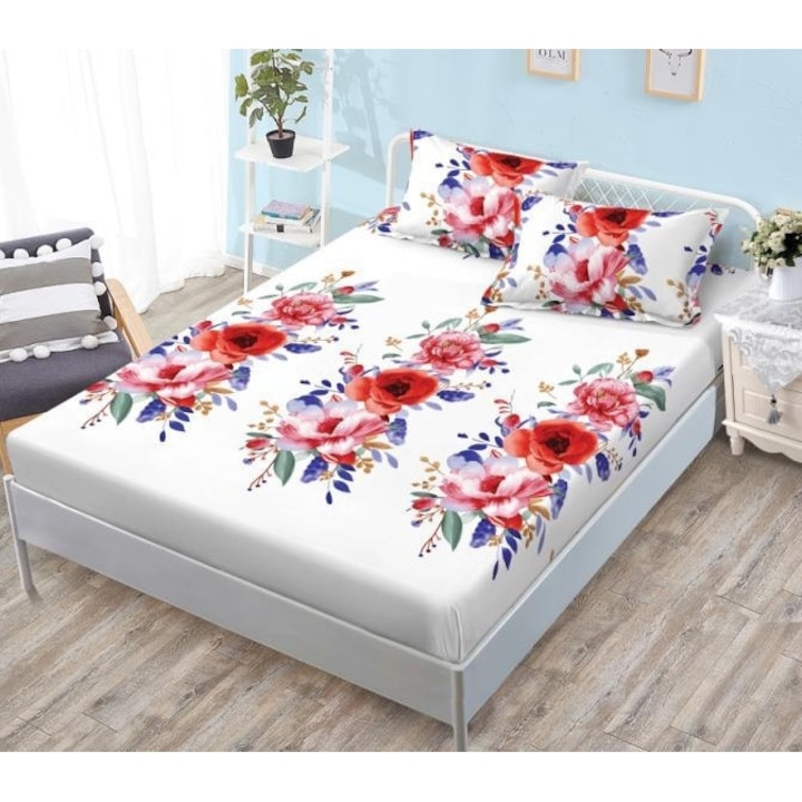 Finet ágytakaró szett, 3 db Elegant Home, 2 db párnahuzat, ágyhoz 180x200 cm, fehér piros rózsaszín