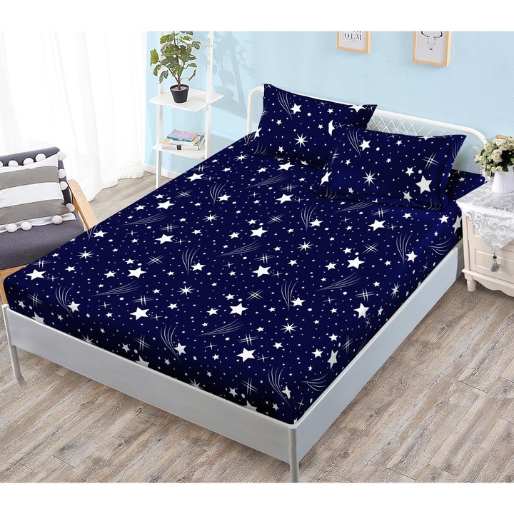 Set Husa de pat din finet, 3 piese Elegant Home, 2 fete de perna, pentru pat 180x200cm, albastru inchis