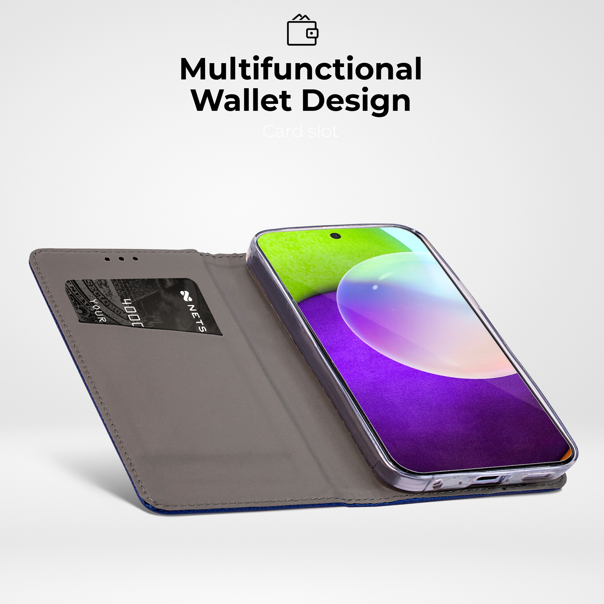 Husa pentru telefon, Moozy, Flip On, pentru Samsung Galaxy A52, Samsung Galaxy A52 5G, Albastru inchis, Piele ecologica