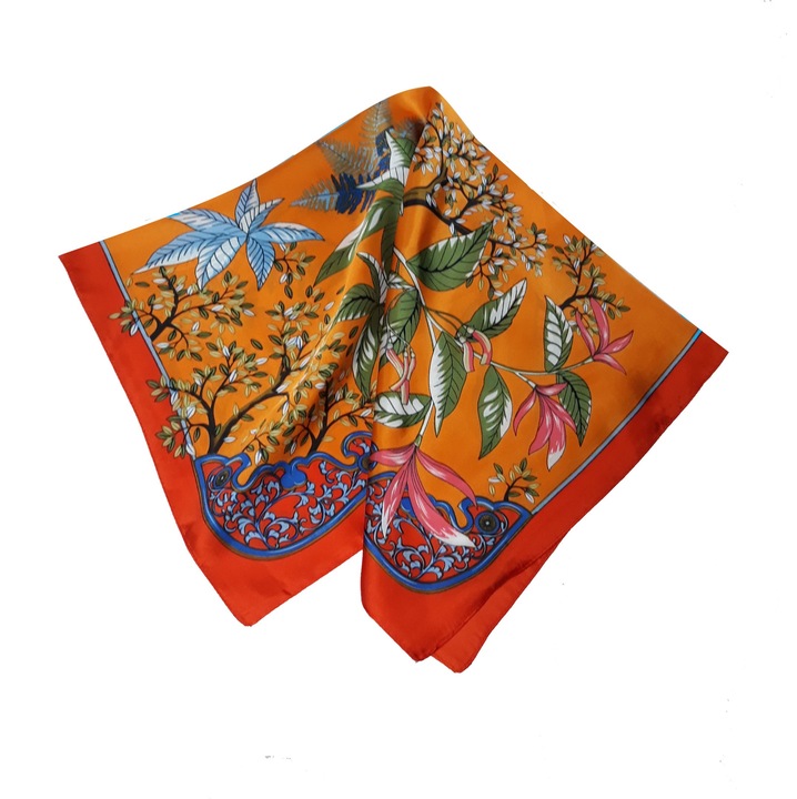 Esarfa dama, imprimeu floral, portocaliu/verde inchis, 70x70