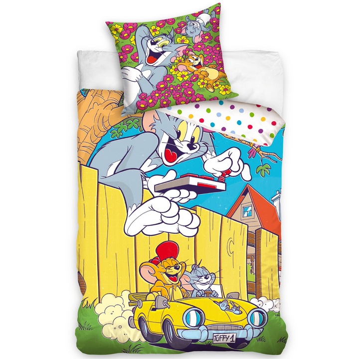 Детски спален комплект Sonne Home Tom & Jerry Happy, двулицев плик 140х200см, 100% памук ранфорс, 2 части