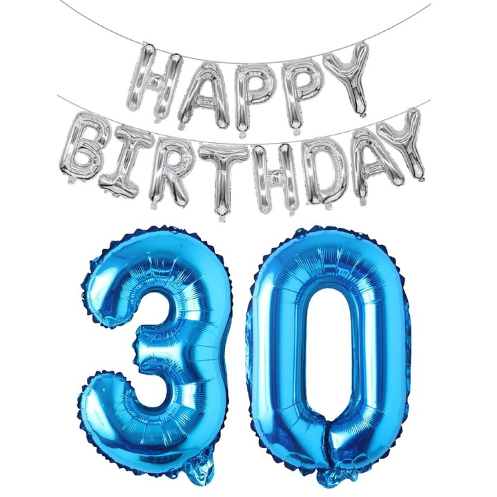 Честит рожден ден Комплект балони за 30 години рожден ден, сребърни/сини фолио цифри, It's Party Time
