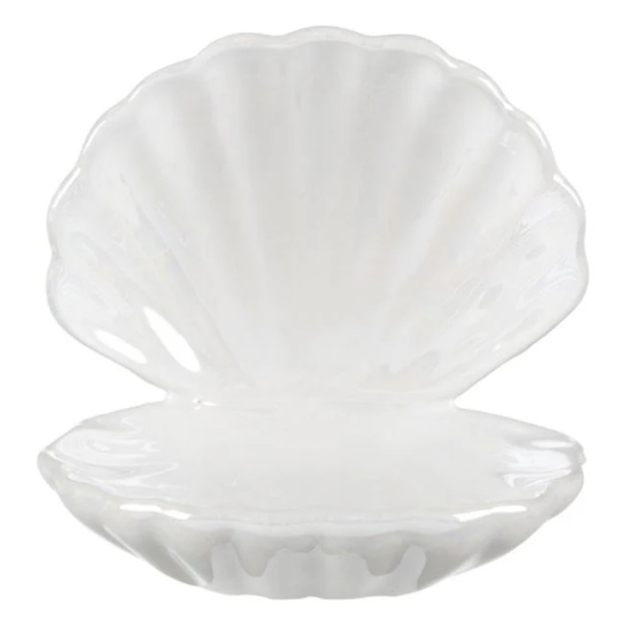 Suport bijuterii, forma scoica, alb sidefat, ceramica 11x9x11 cm