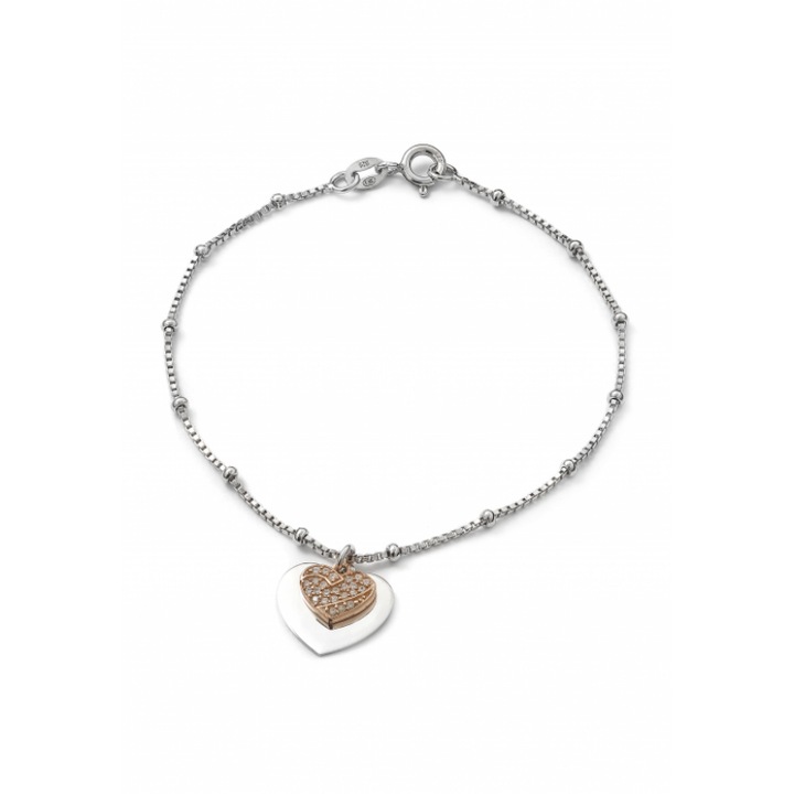 Bratara Dama Cu Pandantive, Argint Si Pietre, Inima Cu Zirconii, 19x1.2x1.5 cm, Argint 925 Acoperit Cu Aur Roz, Piatra Zirconiu, Ambalate Intr-o Cutie Decorativa Eco-friendly, Bijuterii Pentru Femei, Argint