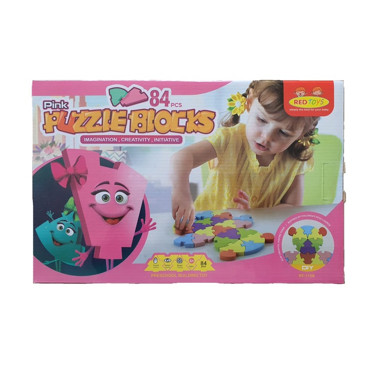 Joc de constructie DIY pentru stimularea creativitatii si imaginatiei Puzzle Blocks RT1108, 84 piese, +4 ani