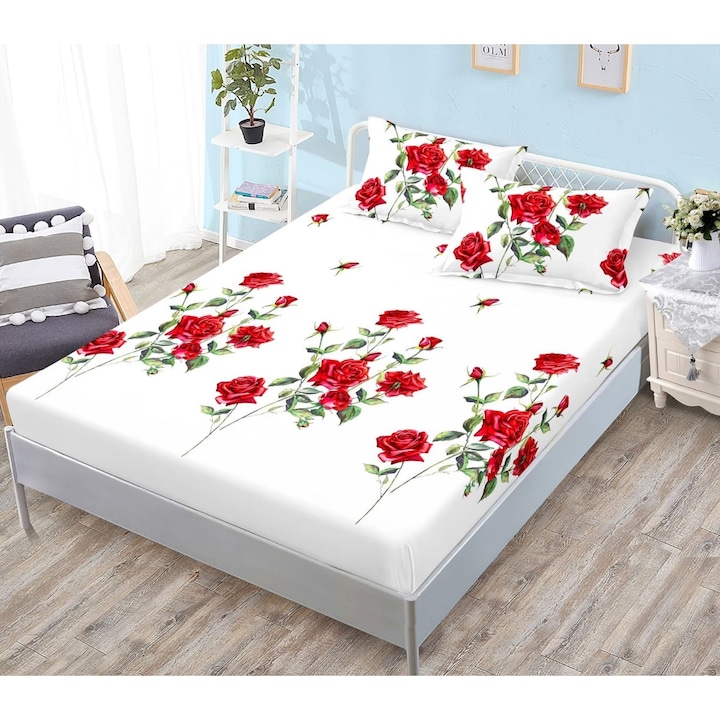 Finet ágytakaró szett, 3 db Elegant Home, 2 db párnahuzat, ágyhoz 180x200cm, piros fehér