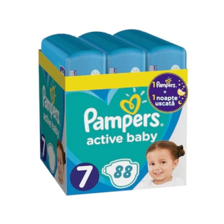 Set 2 baxuri scutece Pampers Active Baby, marimea 7, cantitate 44 bucati/bax, pentru 15+ kg, cu strat aditional unic pentru protectie