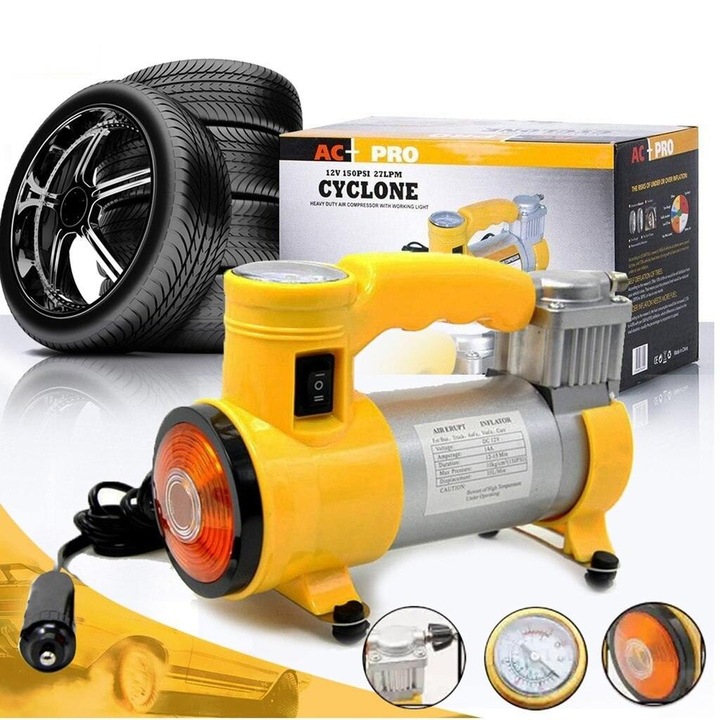 Автомобилен компресор Universal HX-302, 12 V, 35 L / Min, 150 PSI, С аксесоари за надуване, Жълт