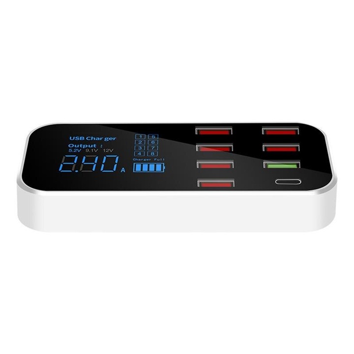 Зарядна станция 40W Smart USB Quick Charge, 7x USB 3.0, USB Type-C, с LED дисплей, бяла