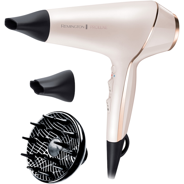 Uscator de par Remington PROluxe AC9140, 2400 W, Ionizare, OPTIheat, Functie PRO+ Style Shot, 3 trepte temperatura, 2 viteze, Cool Shot, 2 concentratoare, Difuzor, Alb