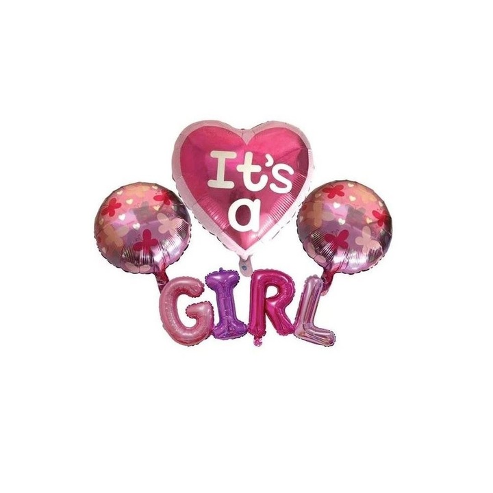 4 db születésnapi lufi készlet, "It's a Girl" szöveggel, többszínű