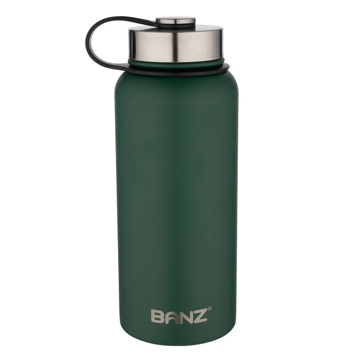 Sticla bauturi cu 2 capace sport/etans, Banz, 2 straturi, inox 18/8, Dark Green, 950ml
