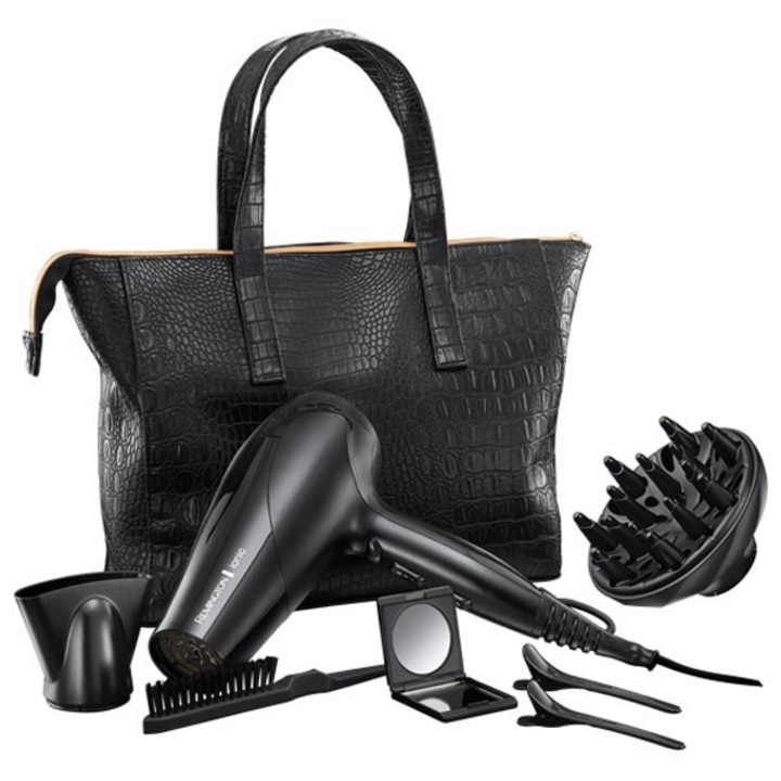 Сешоар Remington Glamourous D3191GP, 2200W, Генератор на йони, 3 настройки на температурата, 2 скорости, Cool Shot, Концентратор, Дифузер, Чанта, Четка, Огледало, 2 фиби за коса, Черен
