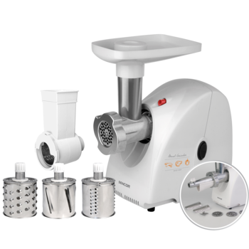 Masina de tocat Sencor SMG 4382, 1500 W, 1.65 kg carne/min, 3 discuri tocare, Functie reverse, Accesoriu stoarcere fructe, Alb Masina de tocat Sencor SMG 4382, 1500 W, 1.65 kg carne/min, 3 discuri tocare, Functie reverse, Accesoriu stoarcere fructe, Alb