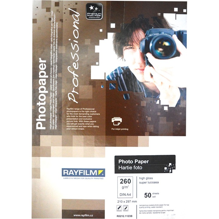 Hartie foto high glossy A4 Rayfilm, gama Professional, 260g, 50coli/top, pentru inkjet