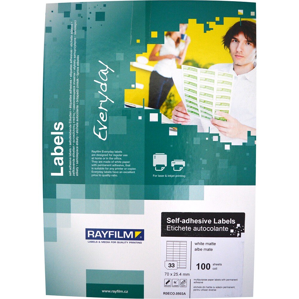 Etichete autoadezive alb mat Rayfilm, gama Everyday, 33buc/A4 100coli/top, dimensiuni 70x25.4mm