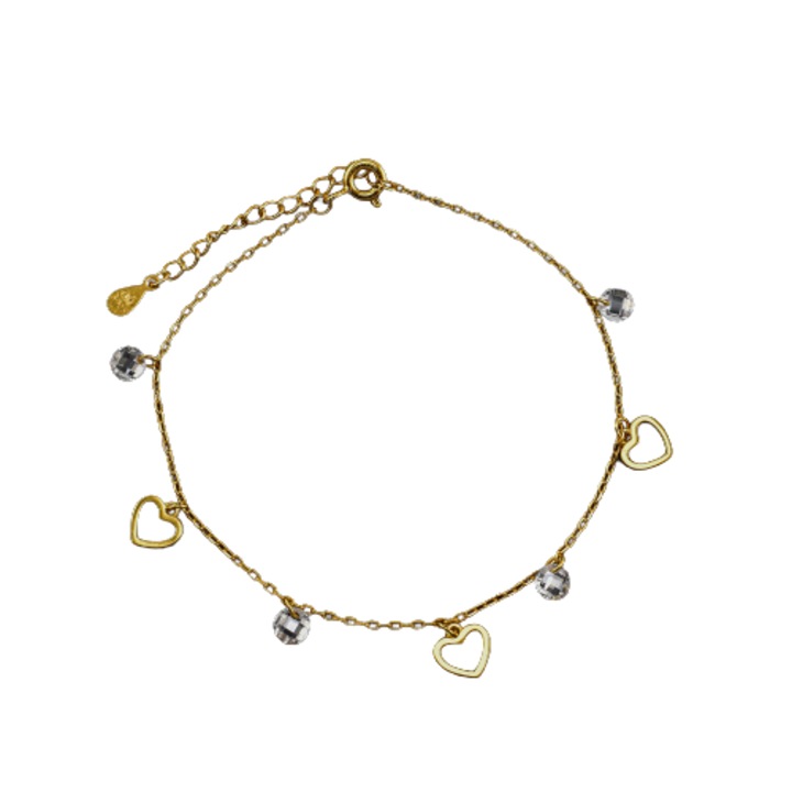 Bratara dama din argint placat cu aur 18K si accesorii in forma de inima, 16-19,5 cm