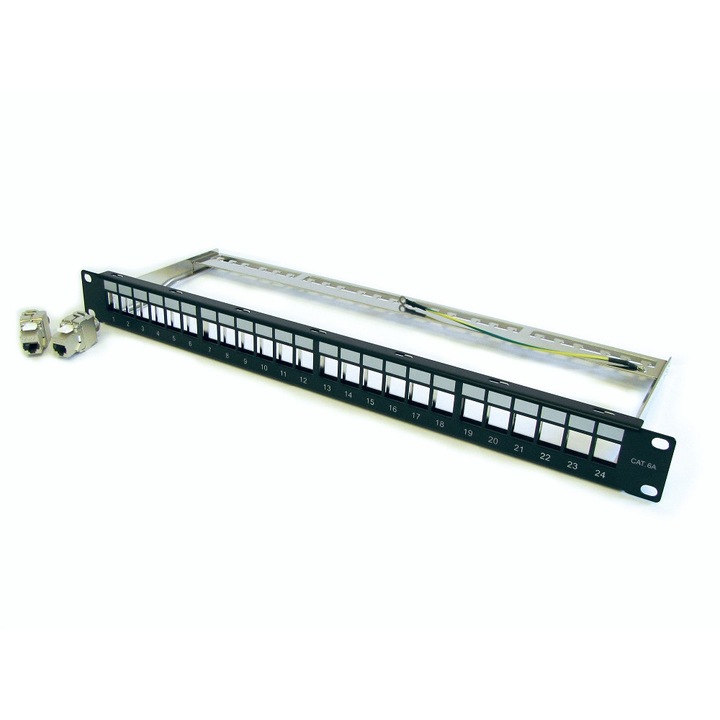 UTP Cat6A Patch Panel Készlet, 24 portos, árnyékolatlan, 24 db Keystone Jack Cat6A modullal, 19"/1U rackbe szerelhető