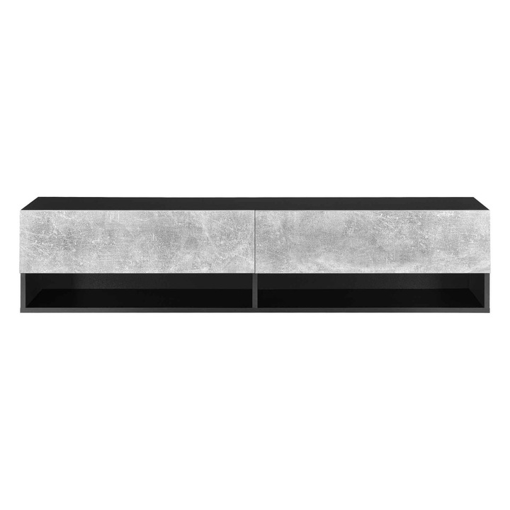 Comoda TV Suspendabila pe Perete cu 2 Usi si 2 Rafturi, Negru/Efect Beton, 140x31x30 cm