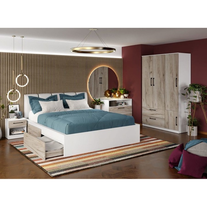 Dormitor Relax, c14, Pat tapitat, 160x200, Dulap 124cm, Comoda, Noptiere, Culoare Alb/Stejar